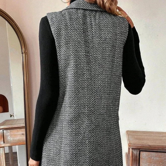 Black multicolor Elegant Women's Sleeveless Herringbone Blazer vest - Picture 2 of 5
